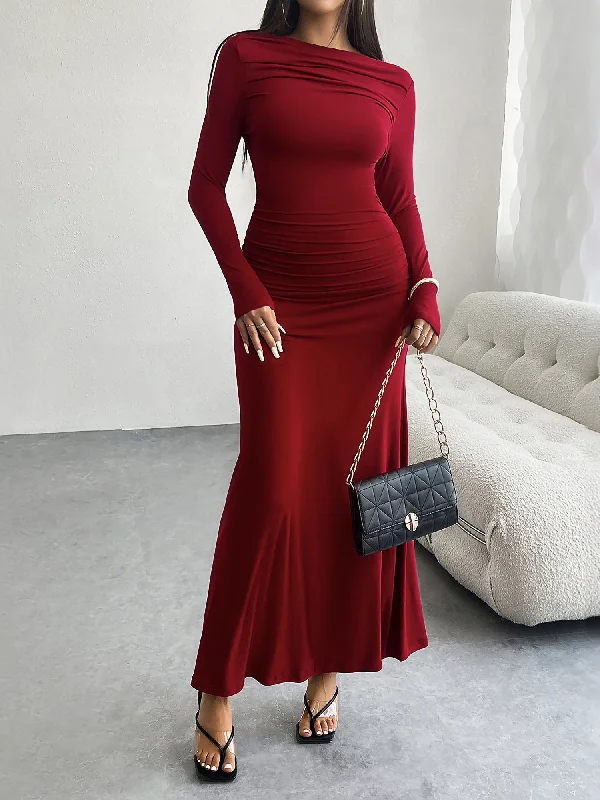 Drape-Sleeve Maxi Dresses -Solid Color Ruched Bodycon Fishtail Maxi Dress