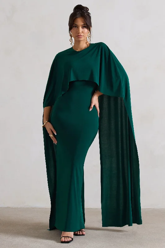 Side-Chill Maxi Dresses -Padma | Bottle Green Draped Maxi Dress With Cape Sleeves