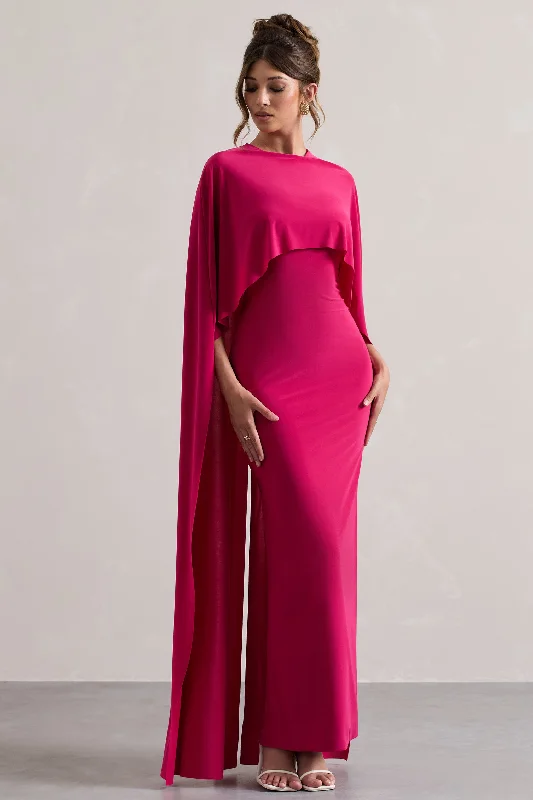 Maxi Dresses for Fall Dates -Padma | Pink Draped Maxi Dress With Cape Sleeves