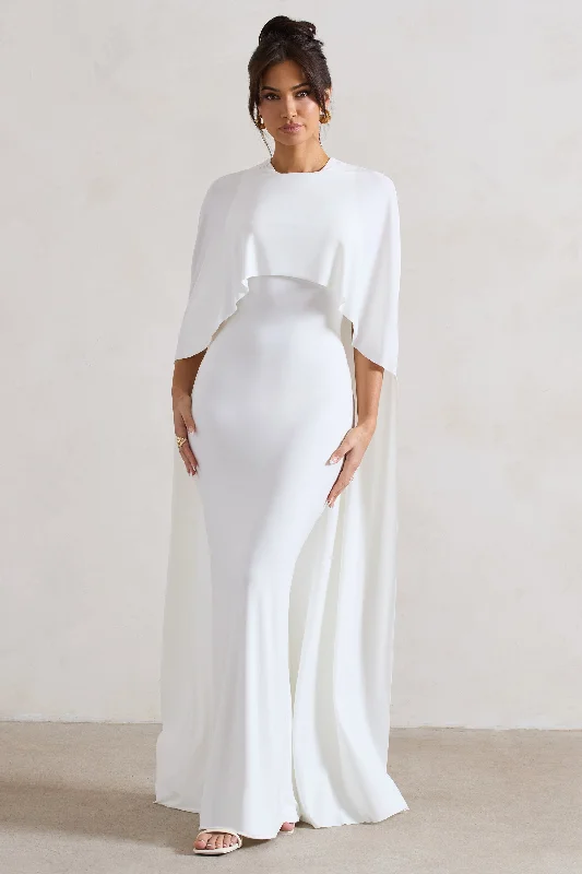 Boho Maxi Dresses for Fall Style -Padma | White Draped Maxi Dress With Cape Sleeves