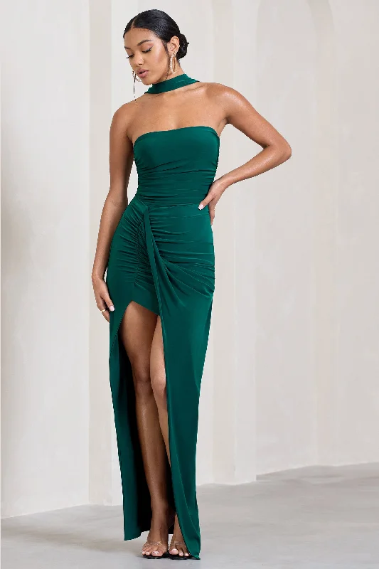 Maxi Dresses for Patio Chill -Paprika | Bottle Green Ruched Halter-Neck Bandeau Maxi Dress