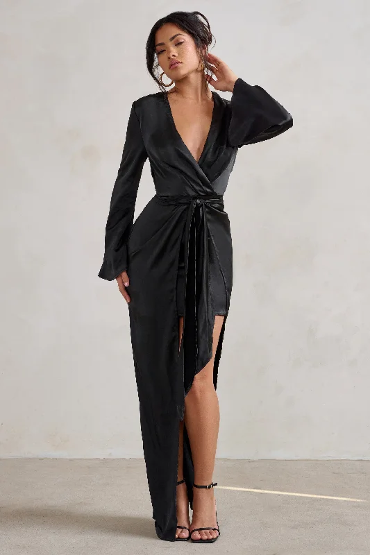 Tie-Front-Design Maxi Dresses -Patricia | Black Extreme Plunge Long Sleeve Maxi Dress With Tie Detail