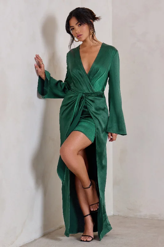 Mesh-Layer Maxi Dresses -Patricia | Green Extreme Plunge Long Sleeve Maxi Dress With Tie Detail