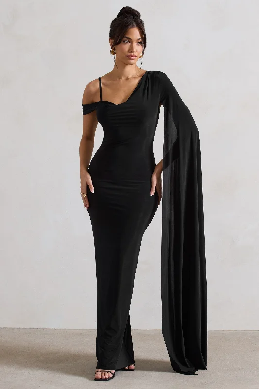 Shift-Style Maxi Dresses -Pedra | Black One Shoulder Cape Sleeve Draped Maxi Dress