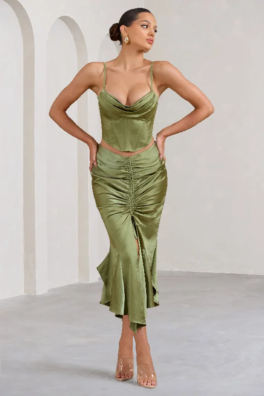 Soft-Pastel Maxi Dresses -Per Favore | Olive Satin Ruched Split Maxi Skirt