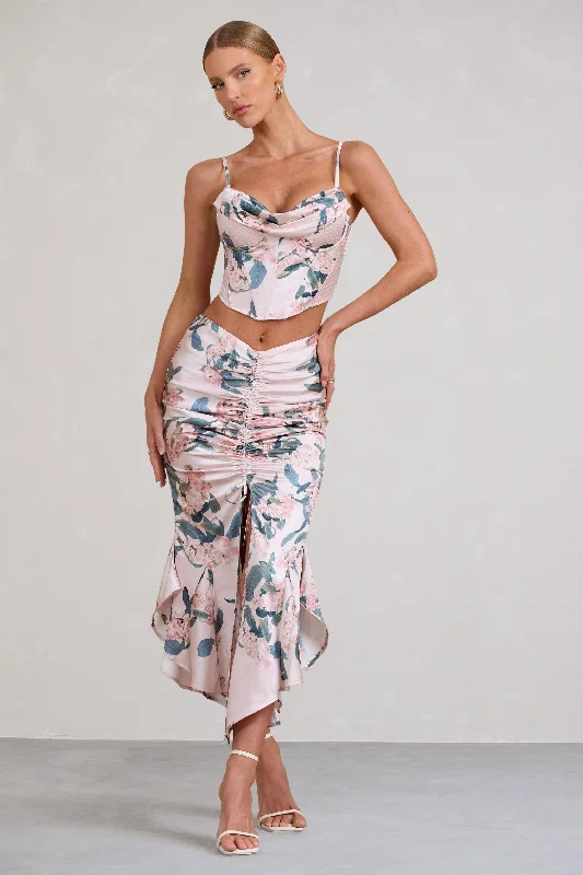 Wrap-Style Maxi Dresses -Per Favore | Pink Satin Ruched Split Maxi Skirt