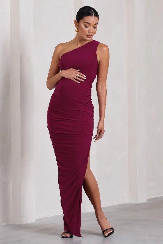 Maxi Dresses for Park Dates -Persia | Berry One-Shoulder Side Split Ruched Maternity Maxi Dress