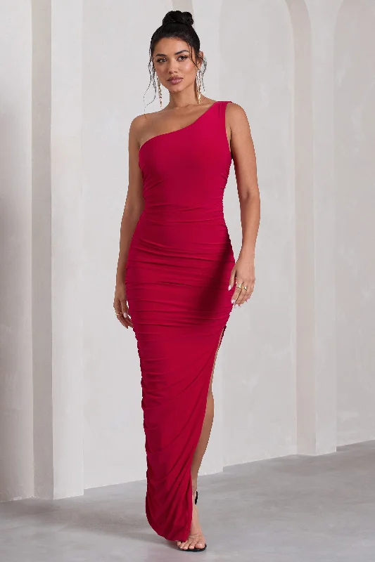 Maxi Dresses for Day Outings -Persia | Red One Shoulder Side Split Ruched Maxi Dress