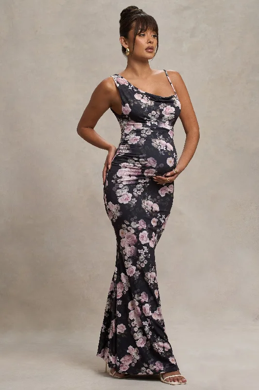 Animal-Print Maxi Dresses -Phantasy | Black Floral Maternity Cowl Neck Maxi Dress