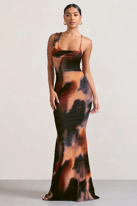 Maxi Dresses for Grad Celebrations -Phantasy |  Orange Smoke Print Asymmetric Neckline Cowl Maxi Dress