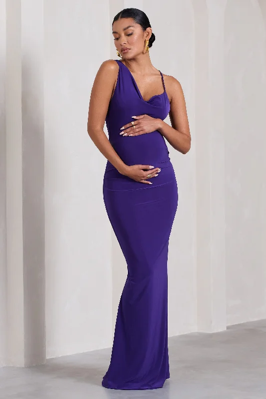 Button-Back Maxi Dresses -Phantasy | Purple Maternity Cowl Neck Maxi Dress