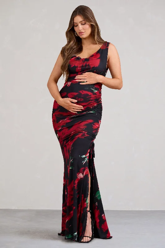 Knit Maxi Dresses -Phantasy | Red Floral Asymmetric Split Maternity Maxi Dress