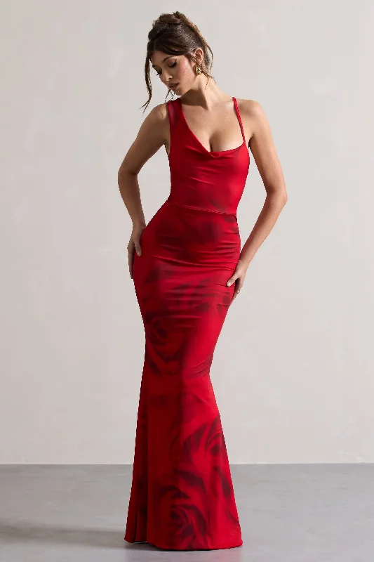 Pleated-Bodice Maxi Dresses -Phantasy | Red Rose Print Asymmetric Neckline Cowl Maxi Dress