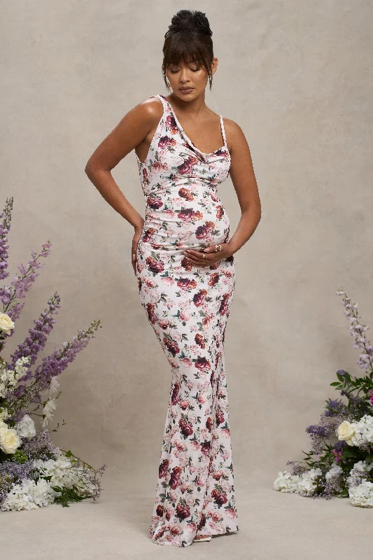 Pastel Maxi Dresses -Phantasy | White Floral Maternity Cowl Neck Maxi Dress