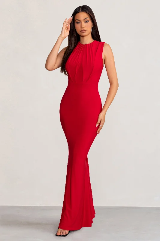 Shimmer Maxi Dresses -Phoenix | Red Sleeveless Maxi Dress with Hood