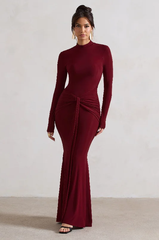 Maxi Dresses for Small Chill -Pietra | Berry High-Neck Long Sleeve Knot Maxi Dress