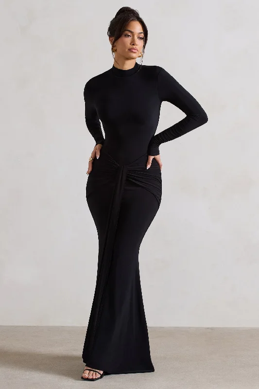 Wrap-Front Maxi Dresses -Pietra | Black High-Neck Long Sleeve Knot Maxi Dress