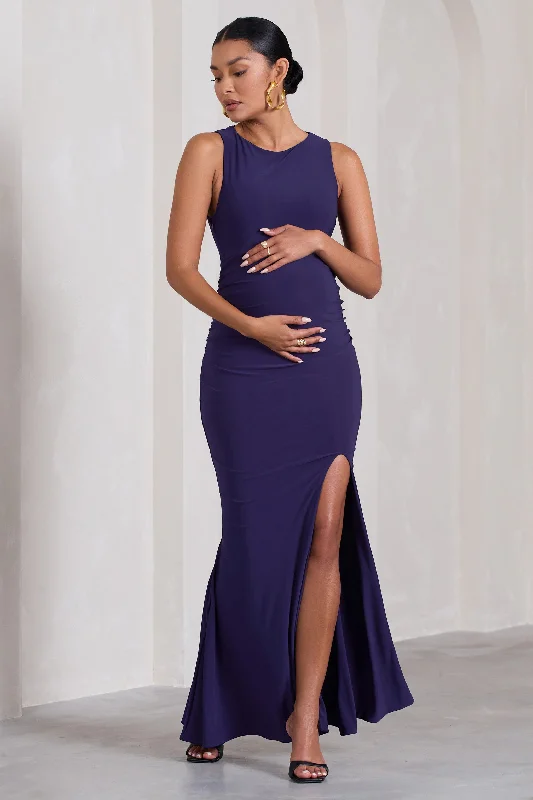 Shiny-Silk Maxi Dresses -Pollie | Purple Cowl-Back Split Maternity Maxi Dress