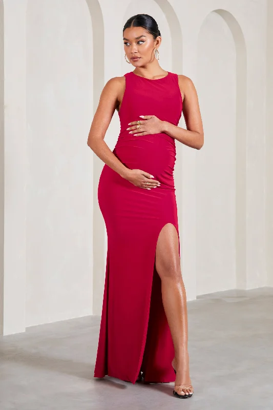 Thin-Silk Maxi Dresses -Pollie | Red Cowl-Back Split Maternity Maxi Dress