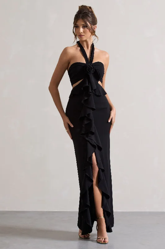 Flared Maxi Dresses for Flair -Powerful | Black Cut-Out Halter-Neck Maxi Dress With Flower & Ruffles