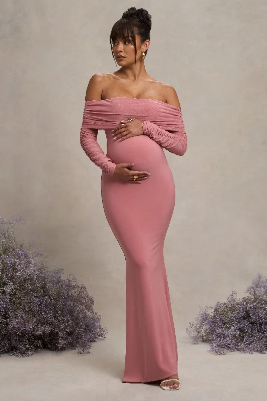 Textured Maxi Dresses -Pretty Perfect | Blush Pink Maternity Ruched Mesh Bardot Maxi Dress