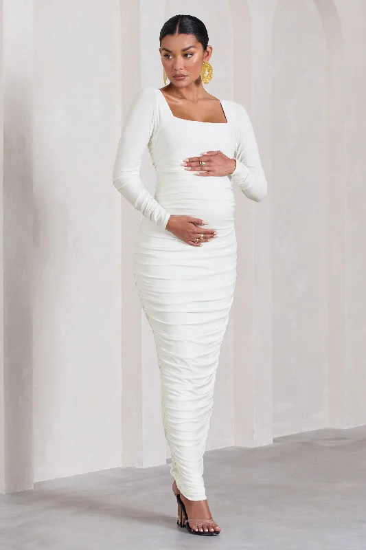 Maxi Dresses for Friend Dates -Prissie | White Ruched Square-Neck Long-Sleeve Maternity Maxi Dress