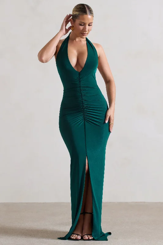 Maxi Dresses for Travel Days -Rachel | Bottle Green Ruched Halter-Neck Split Maxi Dress