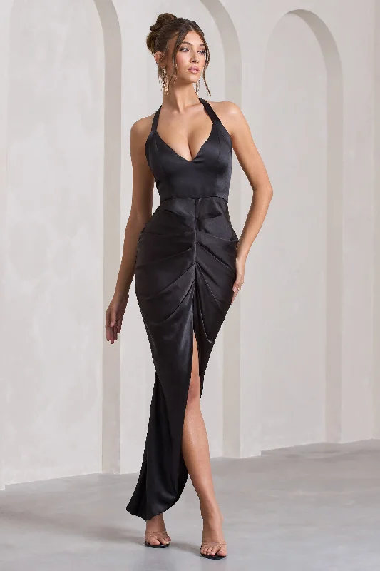 Off-Shoulder Maxi Dresses -Rebecca | Black Satin Plunge Halter-Neck Open-Back Split Maxi Dress