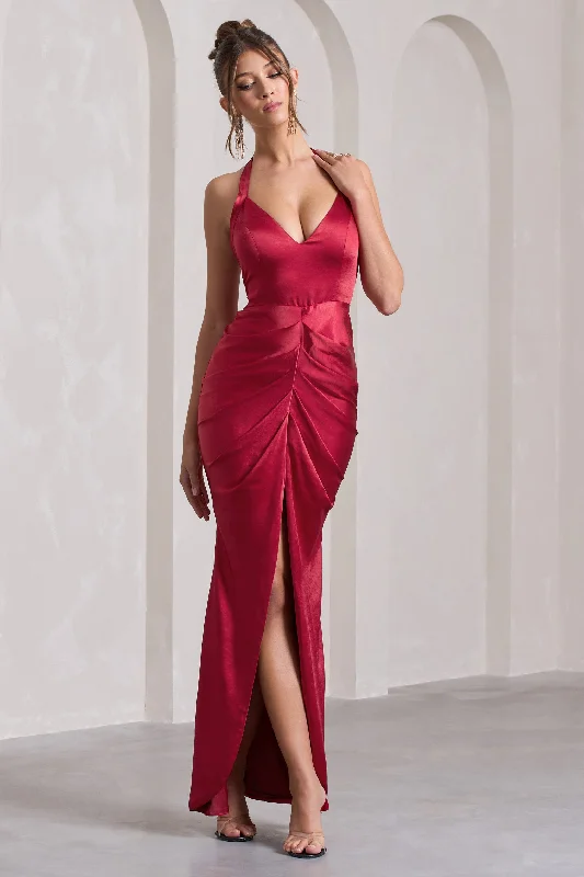 Puffy-Sleeve Maxi Dresses -Rebecca | Red Satin Plunge Halter-Neck Open-Back Split Maxi Dress