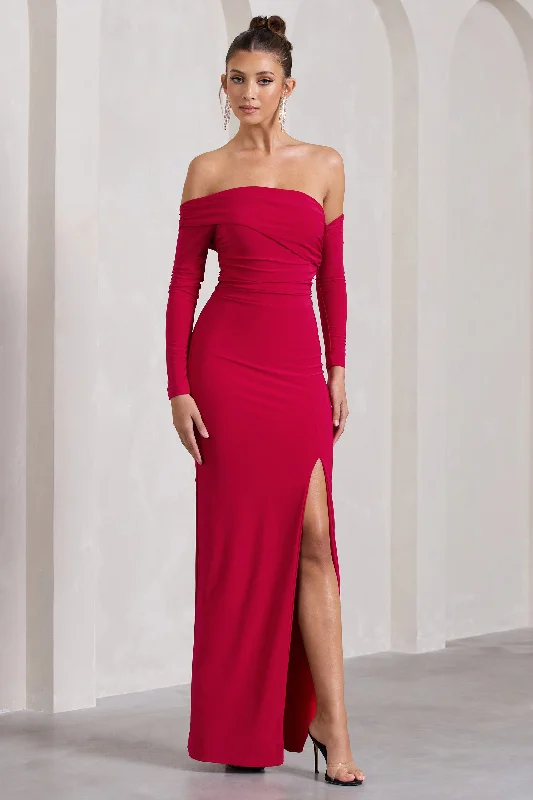 Tie-Edge Maxi Dresses -Stand Out | Red Bardot Long Sleeve Ruched Maxi With Side Split