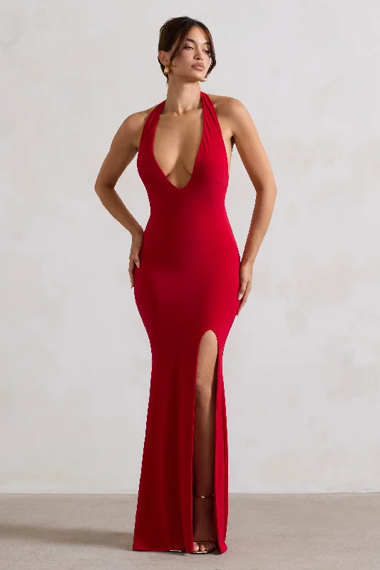 Lace-Trim Maxi Dresses -Glamour | Red Backless V Plunge Halter Neck Maxi Dress With Side Split