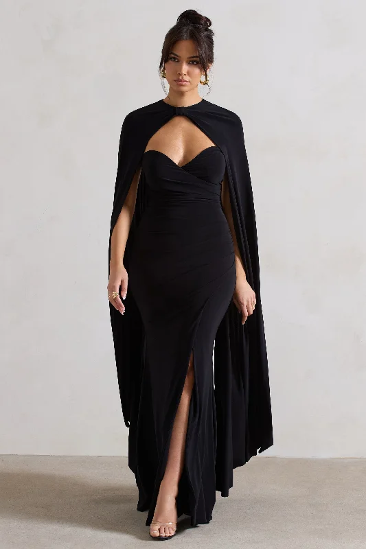 Fine-Velvet Maxi Dresses -Reign | Black Corset Wrap Maxi Dress With Cape