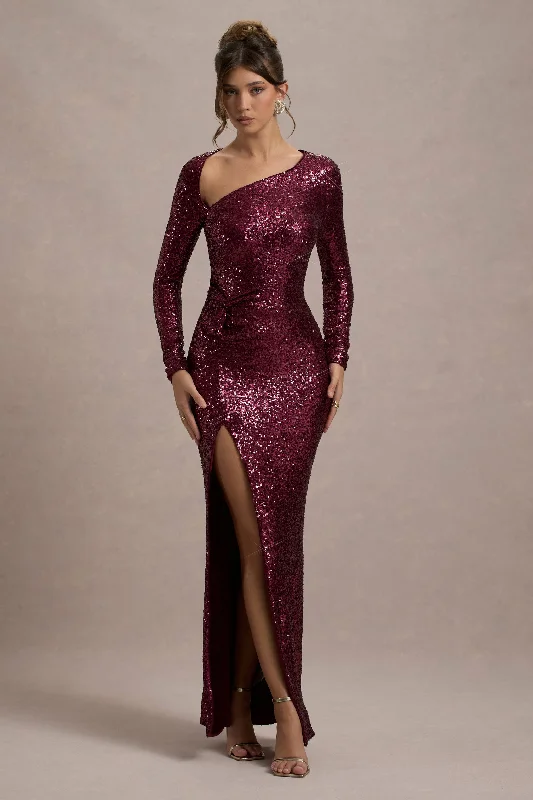 Draped-Sleeve Maxi Dresses -Remarkable | Burgundy Sequin Long-Sleeved Twisted Maxi Dress