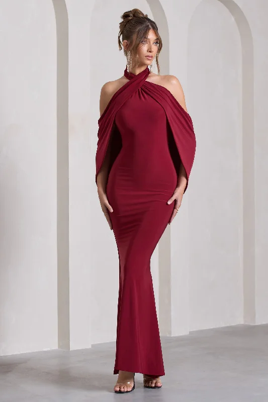 Cool-Velvet Maxi Dresses -Revelation | Berry Red Crossed Halter-Neck Maxi Dress With Cape