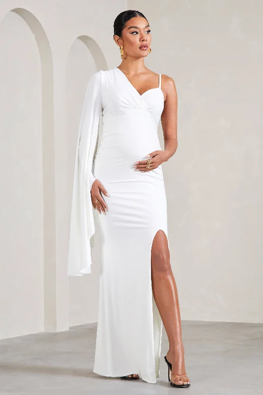 Maxi Dresses for Curvy Bodies -Rhea | White V-Neck Split Maternity Maxi Dress With Cape Sleeve