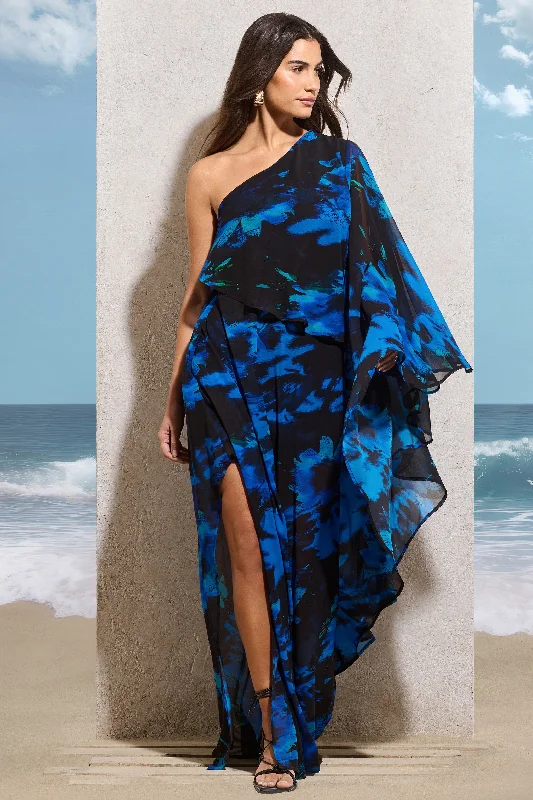 Satin Maxi Dresses -Ripple | Navy Floral Print Chiffon Oversized Asymmetric Maxi Dress