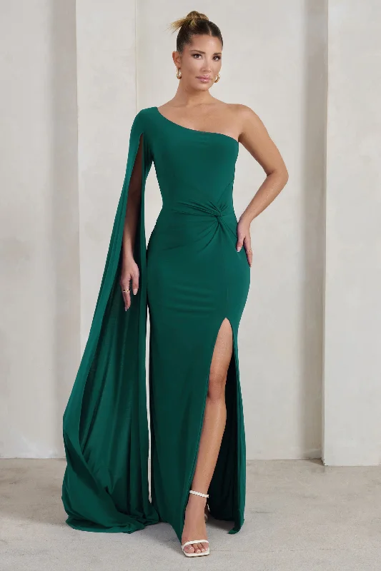 Maxi Dresses for Street Looks -Romi | Bottle Green One Shoulder Twist Design Maxi Dress