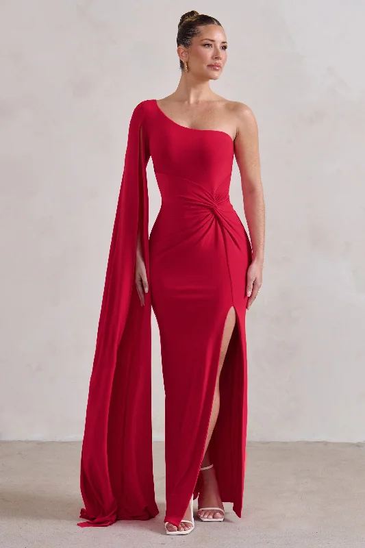 Light-Wool Maxi Dresses -Romi | Red One Shoulder Twist Design Maxi Dress