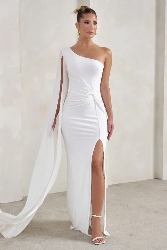 Maxi Dresses for Small Parties -Romi | White One Shoulder Twist Design Maxi Dress