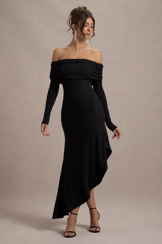 Relaxed Maxi Dresses -Romina | Black Rib Knit Bardot Maxi Dress With Asymmetric Hem