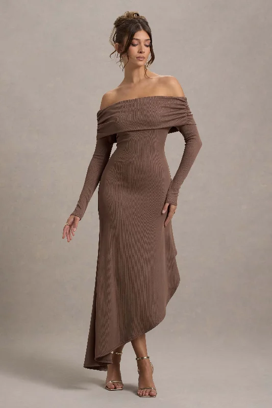 Maxi Dresses for Wine Chill -Romina | Mocha Rib Knit Bardot Maxi Dress With Asymmetric Hem