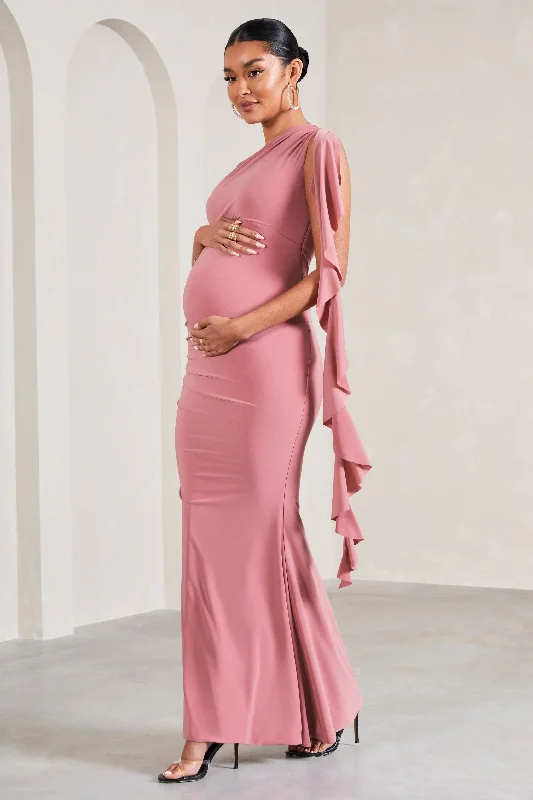 Ruffle-Front Maxi Dresses -Rosalie | Blush Pink One-Shoulder Maternity Maxi Dress With Ruffles