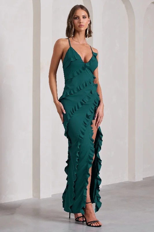 Soft-Wool Maxi Dresses -Run The World | Bottle Green Sweetheart Neckline Ruffle Maxi Dress