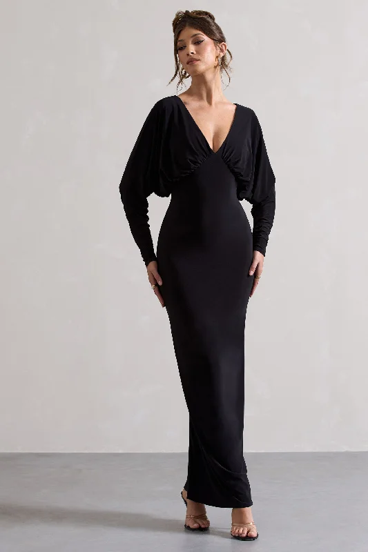 Flared-Back Maxi Dresses -Ruth | Black Draped Plunge-Neck Maxi Dress