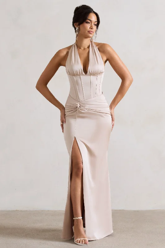 Maxi Dresses for Brunch Dates -Sacha | Champagne Satin Corset Style Maxi Dress With Wrap Skirt