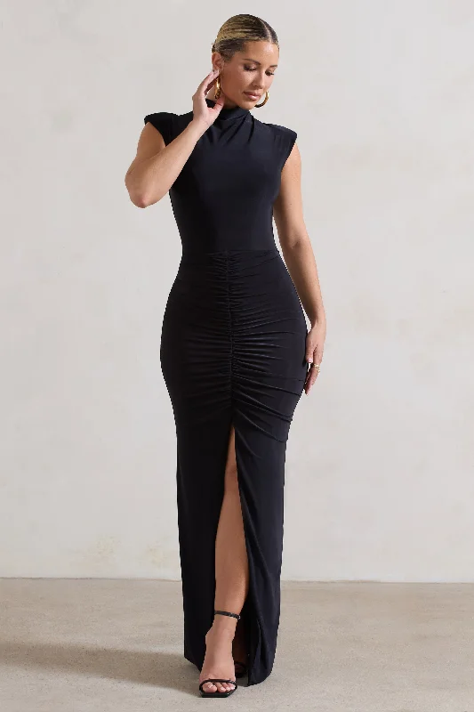 Soft-Velvet Maxi Dresses -Samira | Black Ruched High-Neck Split Maxi Dress