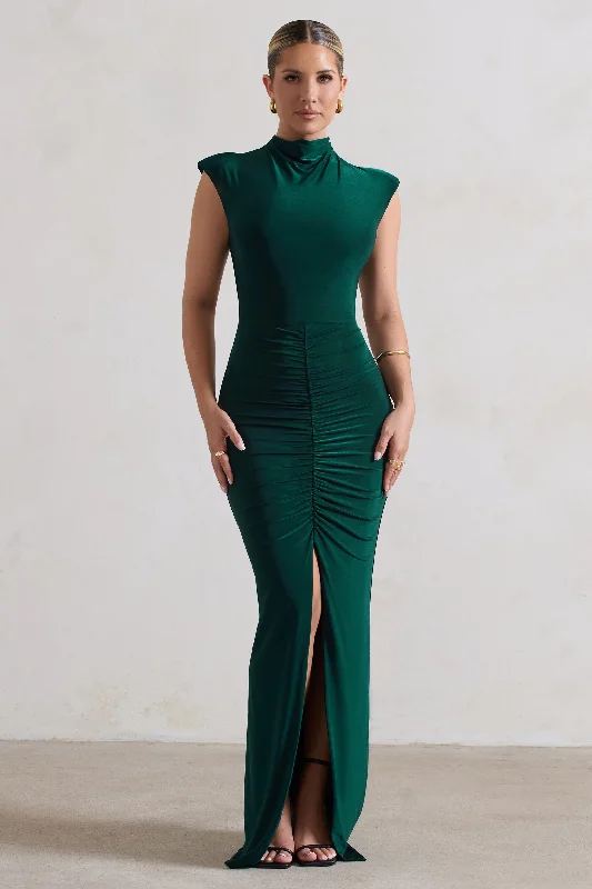 Front-Ruffle Maxi Dresses -Samira | Bottle Green Ruched High-Neck Split Maxi Dress