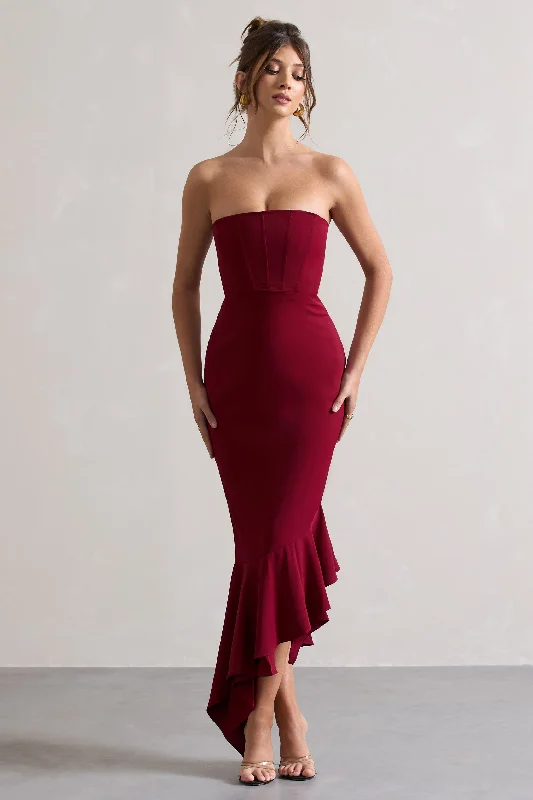 Matte-Silk Maxi Dresses -Sandy | Berry Strapless Corset Asymmetric Maxi Dress