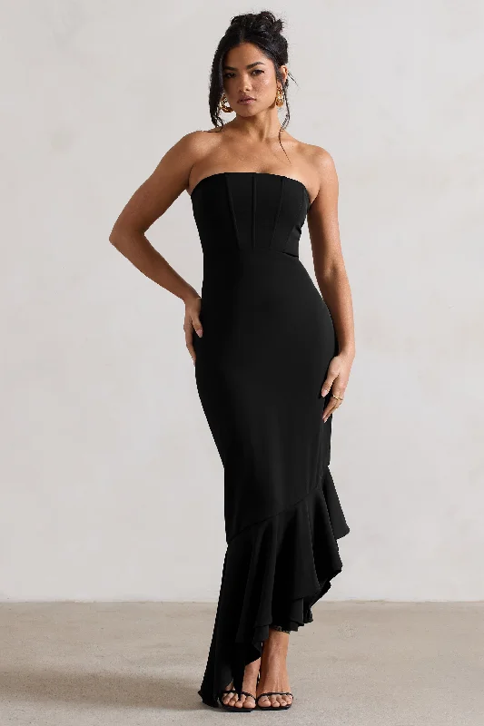 Side-Pleat Maxi Dresses -Sandy | Black Strapless Corset Asymmetric Maxi Dress