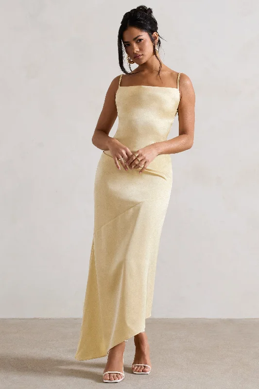 Maxi Dresses for Patio Dates -Santi | Lemon Satin Cowl-Neck Asymmetric Maxi Dress